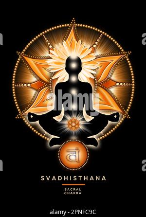 Sakrale Chakra-Meditation in Yoga-Lotus-Pose, vor dem Svadhisthana-Chakra-Symbol. Stockfoto