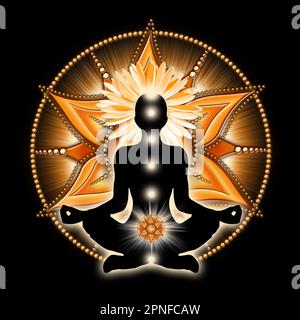 Sakrale Chakra-Meditation in Yoga-Lotus-Pose, vor dem Svadhisthana-Chakra-Symbol. Stockfoto