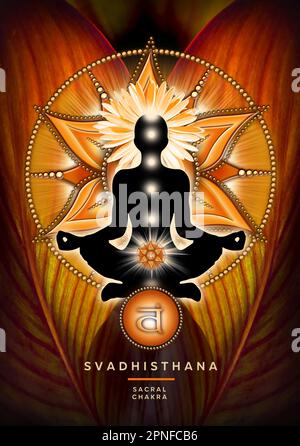 Sakrale Chakra-Meditation in Yoga-Lotus-Pose, vor Svadhisthana-Chakra-Symbol und Canna-Blatt. Stockfoto