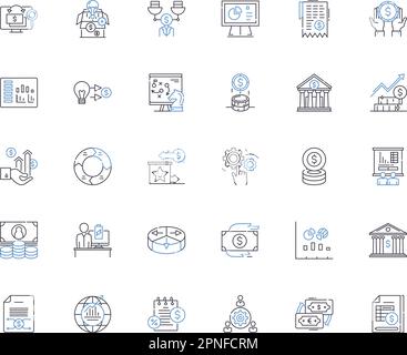 Icons-Kollektion der Bankbranche. Finanzen, Kredite, Kredite, Investitionen, Vermögen, Einsparungen, Zinsvektor und lineare Darstellung. Hypotheken, Auto Stock Vektor