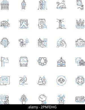 Earth Adventure Line Icons Kollektion. Entdeckungsreise, Entdeckungsreise, Wanderung, Safari, Expedition, Roadtrip-Vektor und lineare Darstellung. Suche Stock Vektor