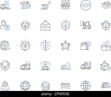 Symbolsammlung für Versandstrategie. Logistik, Distribution, Fulfillment, Lager, Transport, Fracht, Routing Vektor und linear Stock Vektor