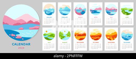 Kalender 2023 mit minimalistischem Posterset im Querformat. Abstrakte Naturlandschaft Four Seasons Vorlagenkollektion Frühling, Herbst, Sommer, Winter. Monatlicher Kalenderplaner Deckblatt Vektortypografie Stock Vektor