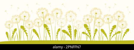 Löwenzahn-Sommerbild mit fliegenden Samen auf der Wiese. Abstrakte Blumen Löwenzahn Pflanzen. Botanisches Naturmotiv mit Blumenmuster für Vorlage für Postkarte, Postereinladung, Flyerkarte, Poster, Cover-Vektor Stock Vektor