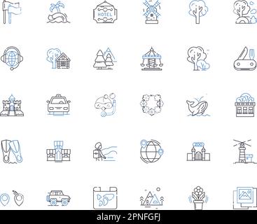 Expedition Firm Line Icons Kollektion. Abenteuer, Trekking, Erkundungen, Klettern, Bergsteigen, Wildnis, Safari-Vektor und lineare Darstellung Stock Vektor