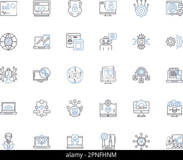 Icons-Sammlung für die Cyber-Verteidigung. Verschlüsselung, Firewall, Malware, Eindringen, Erkennung, Defense, Cybersecurity Vektor und lineare Illustration Stock Vektor