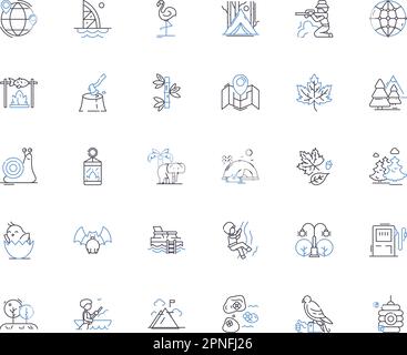 Camping Wildness Line Icons Kollektion. Abenteuer, Rucksacktourismus, Lagerfeuer, Kanufahren, Exploration, Fischvektor und lineare Darstellung Stock Vektor