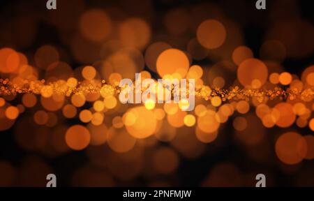 Goldener dunkler, abstrakter Glitzer-Hintergrund mit Bokeh-Unschärfe-Lichtern Weihnachten in Gelb, Gold, Orange und Schwarz Stockfoto