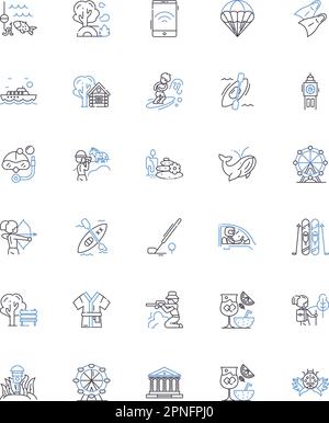 Winter Retreat Line Icons Kollektion. Gemütlich, Kamin, Schnee, Zuflucht, Einsamkeit, Ruhe, Relaxationsvektor und lineare Darstellung. Verjüngung Stock Vektor