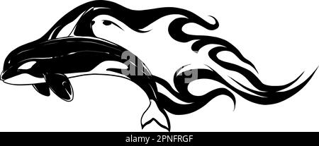 Schwarzweißzeichnung eines hüpfenden Orcawals in Schwarz-Weiß. Illustration. Stock Vektor