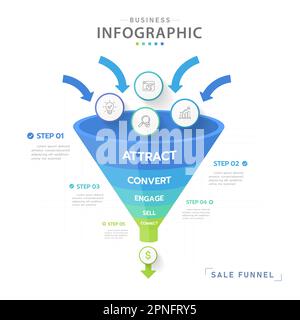 Infografik-Vorlage für Unternehmen. 5 Ebenen modernes Vertriebstrichter-Diagramm mit Pfeilen, Präsentationsvektor-Infografik. Stock Vektor