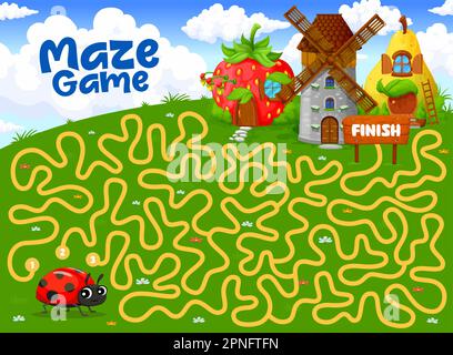 Das Labyrinth-Labyrinth-Spiel hilft Marienkäfer dabei, ihr märchenhaftes Cartoon-Haus zu finden. Kinder Vektorspiel-Arbeitsblatt mit lustiger Lady-Cow-Suche rechts Stock Vektor