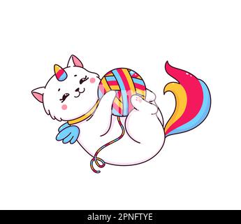 Cartoon niedliche Caticorn-Figur mit Klaue. Vektor-Einhorn-Katze, niedliches Kätzchen als Haustier mit magischem Regenbogenhorn, Schwanz und Engelsflügeln. Lustige ka Stock Vektor
