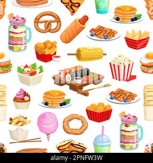 Cartoon-Muster für Fast Food. Vector Hintergrund mit Eierburgern, Hot Dog, Popcorn, Chicken Nuggets und Beinen, Fast Food Snacks und Getränke. Chinesisch Stock Vektor