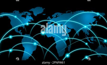 Weltkarte auf technologischem Hintergrund, leuchtende Linien Symbole für Internet, Radio, Fernsehen, Mobil- und Satellitenkommunikation. Mit leuchtenden s. Stockfoto