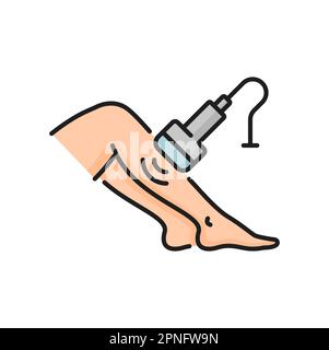 Ultraschallbehandlung, Ödeme und Schwellungen der Beine, Phlebologe und Laser. Vektor-Frauen-Beine und tragbares Gerät, Diagnose eines Thrombose-Farbliniensymbols Stock Vektor