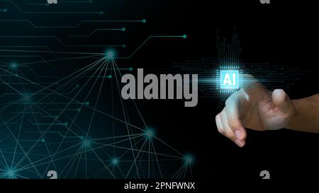 Künstliche Intelligenz (KI) und maschinelles Lernen. Ein Geschäftsmann, der das KI-Symbol auf dem virtuellen Bildschirm drückt. Stockfoto