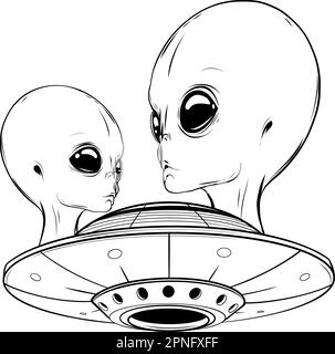 Raumschiff UFO monochromes Emblem intergalaktischer Reisender humanoid in fliegender Untertasse Alien Gast Ufologische mysteriöse Stilvektordarstellung Stock Vektor