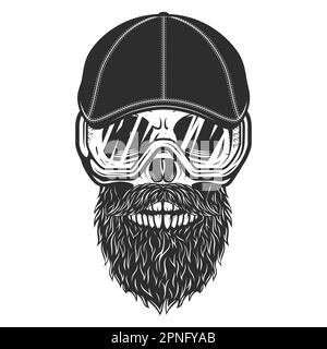 Schädel mit Bart und Schnurrbart im Gangster gatsby Tweed hat flache Kappe und Bau-Schutzbrille Vintage-Vektordarstellung Stock Vektor