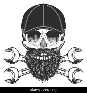 Schädel mit Bart und Schnurrbart im Gangster gatsby Tweed hat flache Kappe mit Bau- oder Mechanikschraubenschlüssel Service Repair Tool Vector Stock Vektor