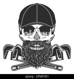Schädel mit Bart und Schnurrbart im Gangster gatsby Tweed hat flache Kappe mit Bauklauchsanlage Einstellschlüssel Service Repair Tool Vector Stock Vektor