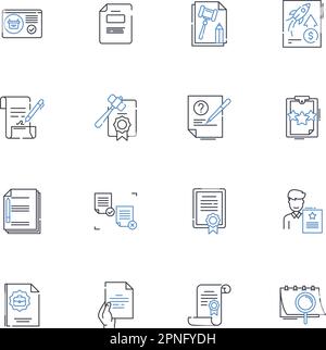 Sammlung von Symbolen für Dokumentpositionen. Datensatz, Datei, Bericht, Text, Manuskript, Manuskript, Skriptvektor und lineare Illustration. Schriften, Papier, These Stock Vektor