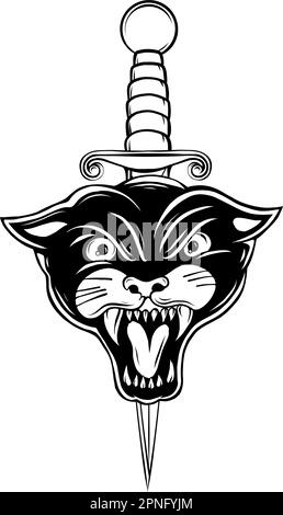 Schwarzer Pantherkopf und Dolchtätowierung, Vektor Stock Vektor