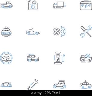 Zeilensymbole für automatische Prüfung. Inspektion, Diagnose, Wartung, Abstimmung, Tests, Evaluierung, Service-Vektor und lineare Darstellung. Reparieren Stock Vektor