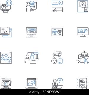 Sammlung der Liniensymbole für Webseiten. Inhalt, Konstruktion, Navigation, Verknüpfungen, Layout, Benutzerfreundliche, reaktionsschnelle Vektor- und lineare Darstellung. Mobil Stock Vektor