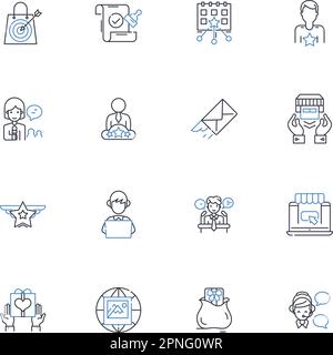 Schieben Sie die Symbolsammlung für Werbelinien an. Überredung, Aufdringlich, Beförderung, Zielgruppenansprache, Unterbrechung, Vertrieb, Benachrichtigungsvektor und lineare Darstellung Stock Vektor