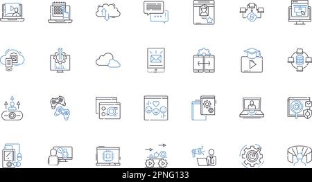 Sammlung der Zeilensymbole des Informationssystems. Datenbank, Analysen, Nerk, Integration, Sicherheit, Software, Infrastrukturvektor und lineare Darstellung Stock Vektor