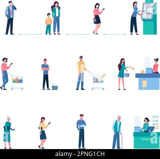 Vector Set Menschen halten ihren Abstand, wenn sie in der Schlange stehen am Geldautomaten, Supermarkt, Apotheke. Sozialer Sicherheitsabstand zwischen den Menschen, um das Virus, Coronavirus, nicht zu verbreiten. Männer und Frauen, flach Stock Vektor