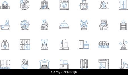 Symbolsammlung für die Zeile „Mess Management“. Effizienz, Organisation, Pünktlichkeit, Bestand, Sanitäreinrichtungen, Planning, Budgeting Vektor und lineare Darstellung Stock Vektor