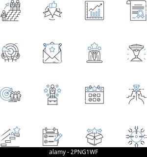 Endeavour Line Icons Kollektion. Exploration, Herausforderung, Entschlossenheit, Ehrgeiz, Beharrlichkeit, Resilienz, Innovationsvektor und lineare Darstellung Stock Vektor