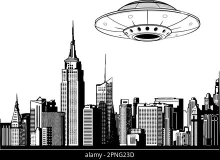 vektordarstellung des ufo verließ die Stadt in Schwarzweiß Stock Vektor