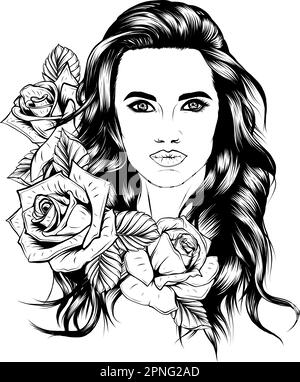 Vector Vintage monochrome Illustration Girl mit Rose isoliert auf weißem Hintergrund. Stock Vektor