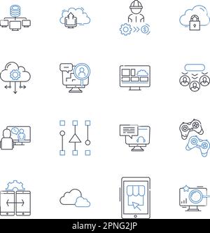 Sammlung der Zeilensymbole für Internetgeräte. Smartph, Tablet, Laptop, Desktop, Router, Modem, Smartwatch-Vektor und lineare Darstellung. Intelligenter Lautsprecher Stock Vektor