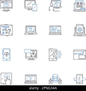 Symbolsammlung für Webdesign-Linien. Schnittstelle, Layout, Inhalt, Typografie, Navigation, Grafik, Responsive Vektor und lineare Darstellung. Benutzer Stock Vektor