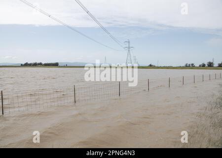 Elektrische Türme über überfluteten Feldern verwandelten sich in Vernallbecken im Central Valley von Kalifornien. Stockfoto