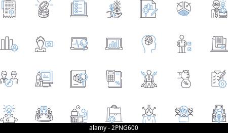 Stock Line Icons Kollektion. Aktien, Eigenkapital, Handel, Markt, Preis, Investitionen, Dividendenvektor und lineare Darstellung. Portfolio, Kapital, Liquidität Stock Vektor