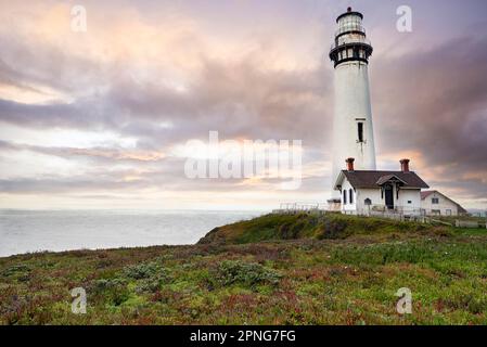 Pigeon Point Lighthouse ist ein Leuchtturm, der 1871 erbaut wurde, um Schiffe an der Pazifikküste Kaliforniens zu führen. Es liegt an der Küstenstraße 1 in der Nähe Stockfoto