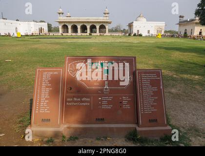 Karte des Roten Fort mit den wichtigsten Gebäuden, in der Mitte Diwan i Kas, auf der rechten Seite Khas Mahal und Rang Mahal, Delhi, Indien Stockfoto