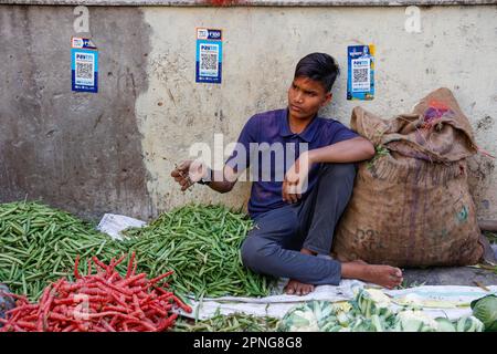 Straßenverkäufer von Gemüse mit paytm-Logo für bargeldlose Zahlungen an der Wand in Paharganj, Neu-Delhi, Indien Stockfoto