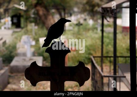 Silhouette einer Krähe hoch oben auf einem Kreuz auf dem indischen christlichen Friedhof, Paharganj, Neu-Delhi, Indien Stockfoto