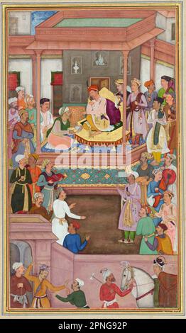 Indien: Abu'l-Fazl ibn Mubarak präsentiert dem Mogul-Kaiser Akbar die Akbarnama. Miniaturmalerei von Govardhan (Reihe 1596-1640), c. 1603-1605. Akbar (25. Oktober 1542 bis 27. Oktober 1605), auch bekannt als Shahanshah Akbar-e-Azam oder Akbar der große, war der dritte Mogul-Kaiser. Er war von timuridem Abstammung; der Sohn von Kaiser Humayun und der Enkel von Kaiser Babur, dem Herrscher, der die Mogul-Dynastie in Indien gründete. Am Ende seiner Herrschaft im Jahr 1605 erstreckte sich das Mogul-Reich über den größten Teil des nördlichen und mittleren Indiens. Akbar war 13 Jahre alt, als er den Mogul-Thron in Delhi bestieg. Stockfoto