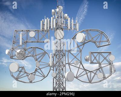 5G Telekommunikationsturm. Antennenfunkübertragungen von Mobilfunk 5G. 3D Abbildung Stockfoto