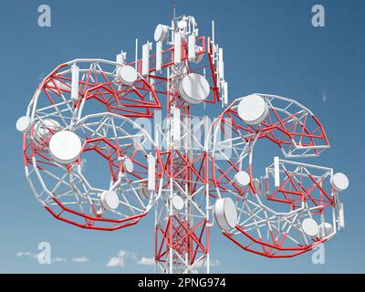 6G Telekommunikationsturm. Antennenfunkübertragungen von Mobilfunk 6G. 3D Abbildung Stockfoto