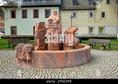 Stonemason's Fountain von Volker Beier, Topfmarkt, Rochlitz, Sachsen, Deutschland Stockfoto