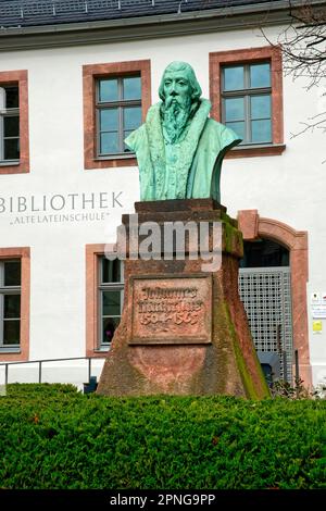 Mathesius-Denkmal, zum Gedenken an Johannes Mathesius, Begleiter von Martin Luther, Bibliothek Alte Lateinische Schule, Rochlitz, Sachsen, Deutschland Stockfoto