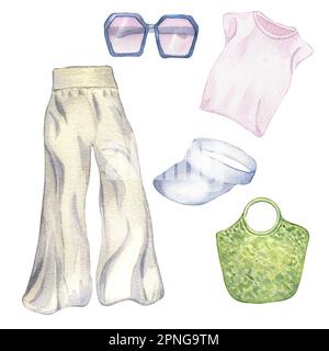 Set mit Sommerkleidung der Frau, Aquarell-Illustration, isoliert auf Weiß. Das stilvolle Outfit einer Frau: T-Shirt, Hose, handgezeichnete Brille. Für s entwerfen Stockfoto